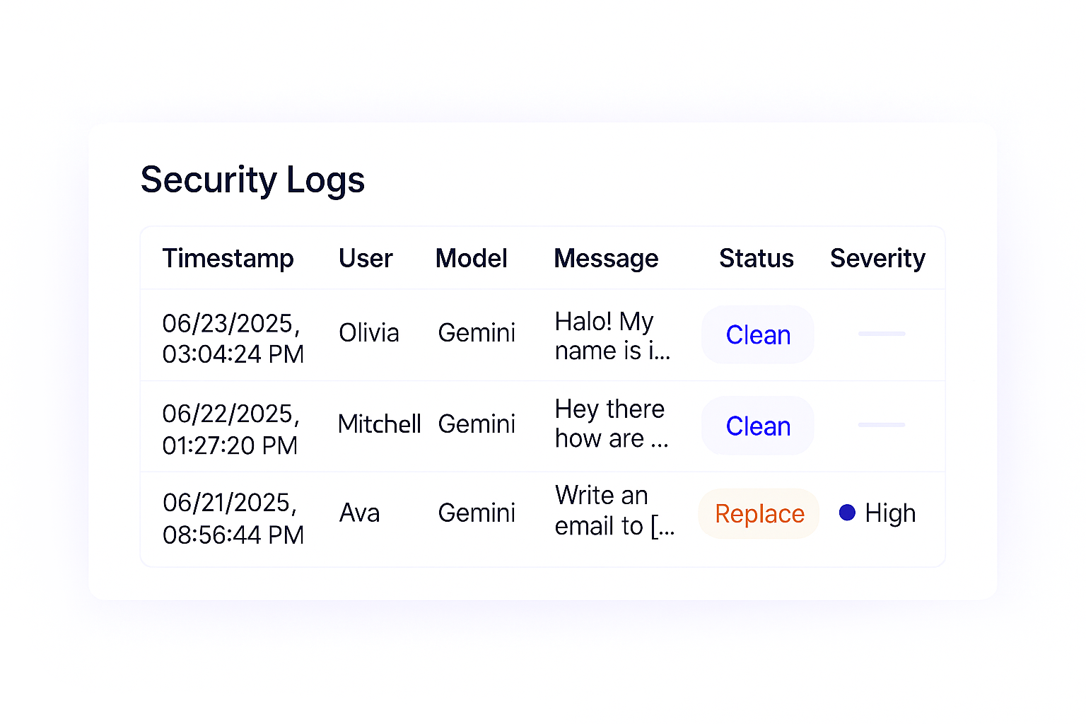 Security logs showing user activity and policy status.